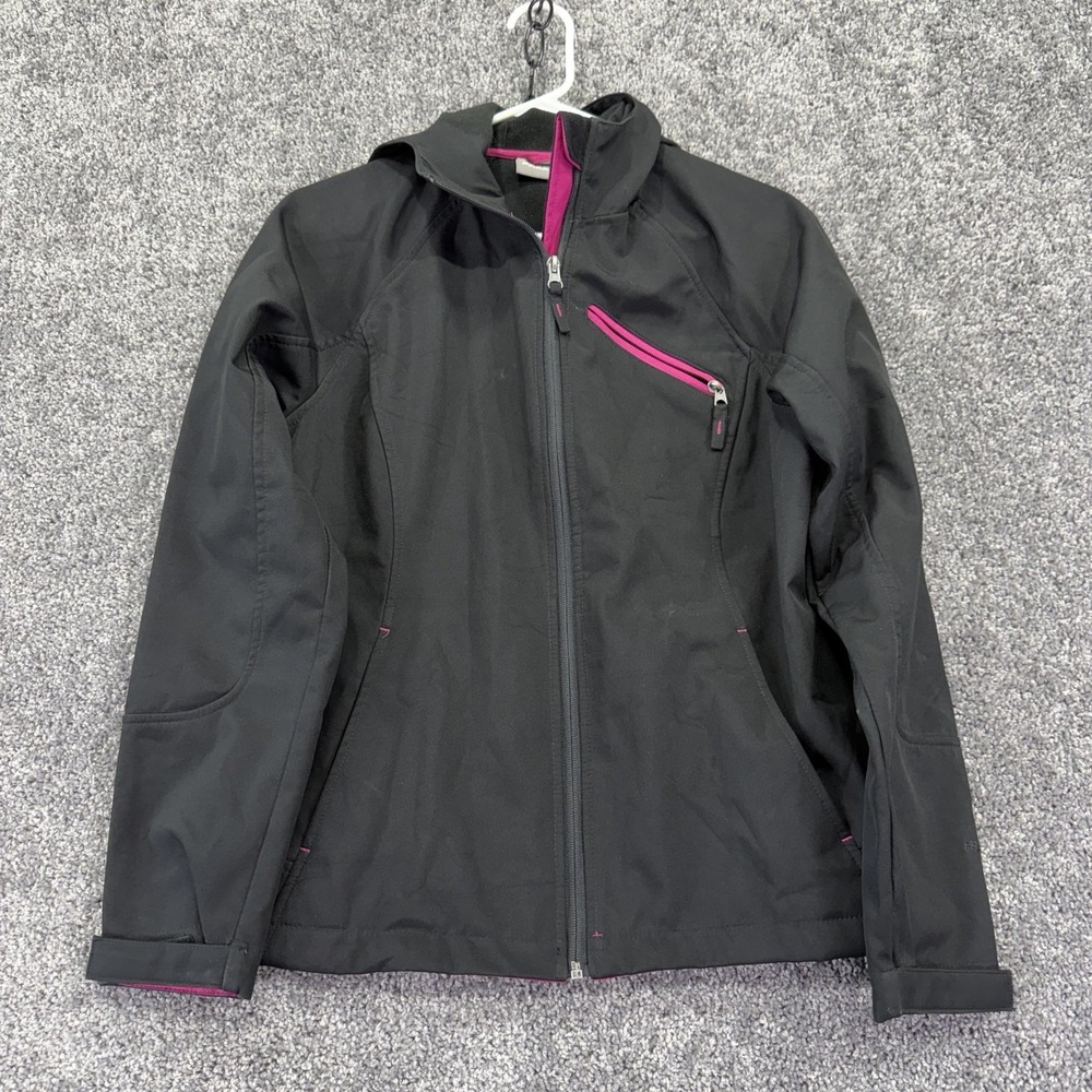 FreeTech Jacket Womens Medium Black Hooded Full Zip Softshell Hiking Outdoor